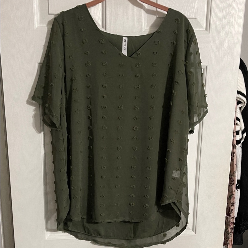 Zenana Outfitters Olive Green Textured V-Neck Blouse